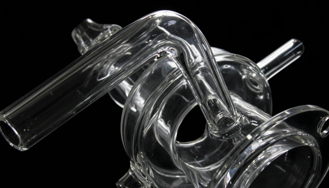 複雑な角度で立体的に折り曲げられた高精度な石英ガラス配管パーツ