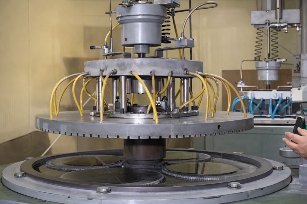 同時ラップ方式による石英ガラスの両面精密研磨加工。高い平行度と面精度を実現する工程。