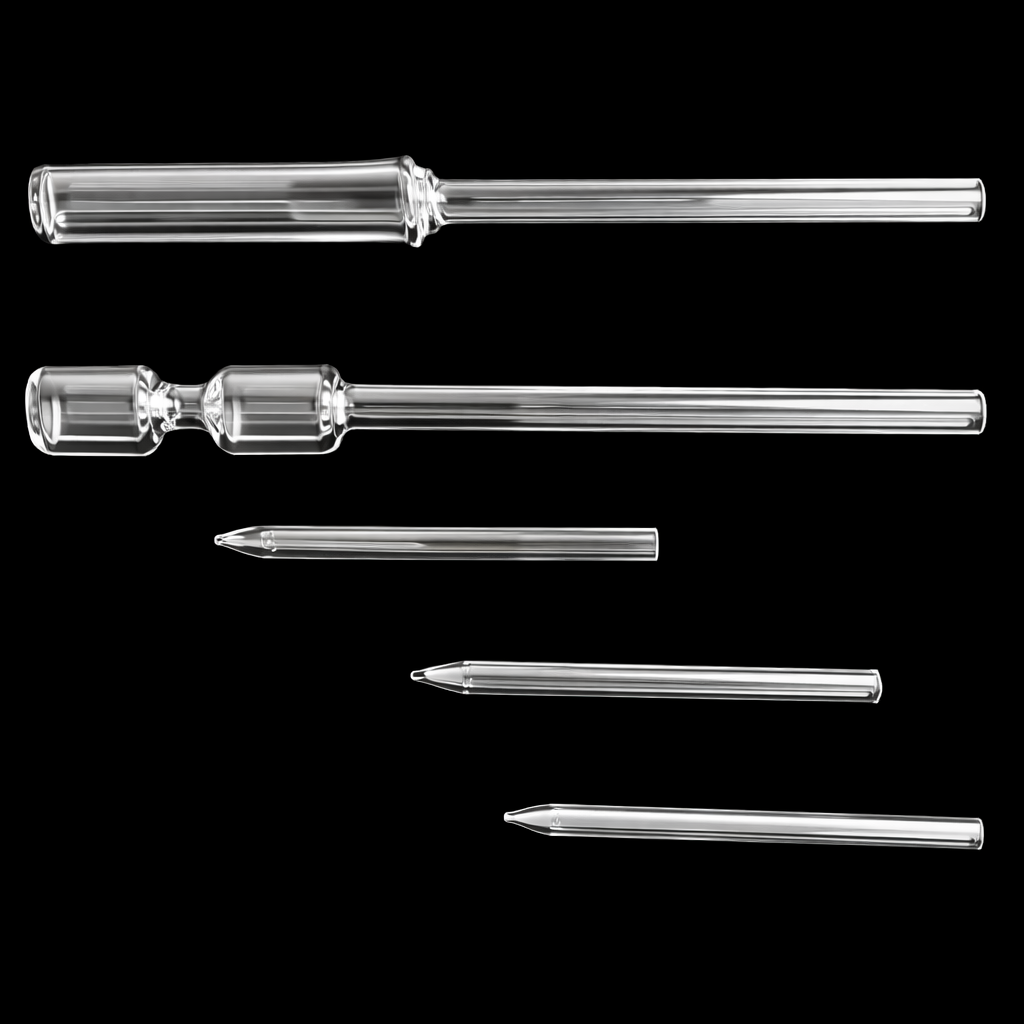先端が細く加工された実験・研究用の精密な理化学用ガラス管(ピペット・ノズル)