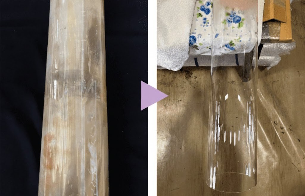 石英ガラス製品の失透（白濁）修理サービスのビフォー・アフター。再加工により透明度を回復。